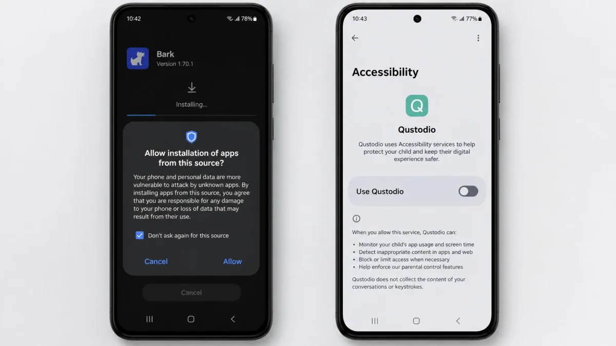 Two Android phones side by side during installation, one showing Bark's APK sideload permission prompt and the other showing Qustodio's accessibility permission screen.