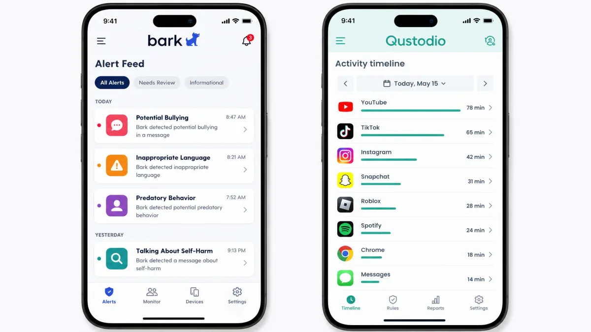 Bark's alert feed and Qustodio's activity timeline shown side by side on two phone screens, with Bark listing flagged message categories and Qustodio listing app names with minutes used.