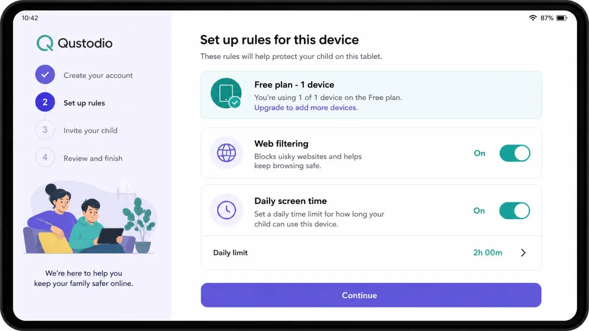 Qustodio's free plan setup screen on a family tablet, showing the one-device limit alongside web filtering and daily screen time options switched on.