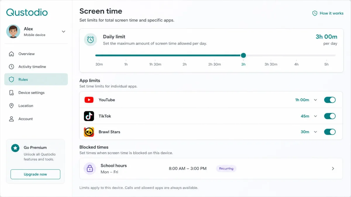 Qustodio's screen time settings showing a daily limit slider at the top and individual per-app timers beneath it for YouTube, TikTok and a game, with a school-hours blackout period listed below.
