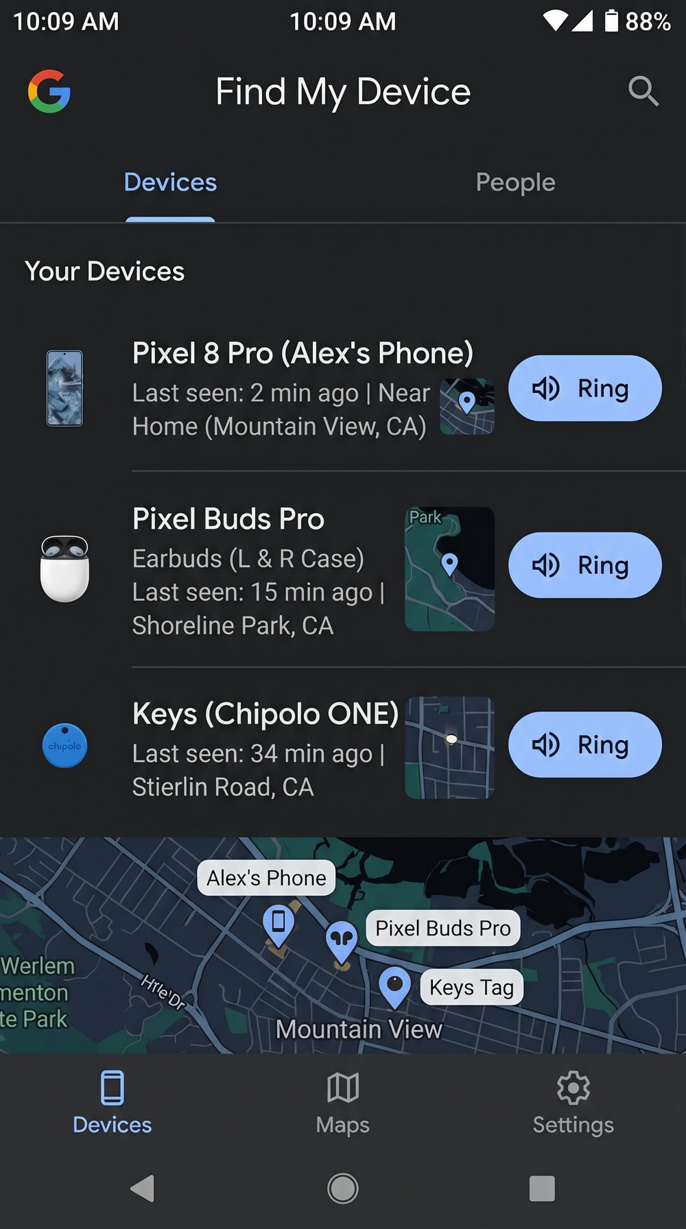 The Google Find Hub app on an Android phone listing a phone, earbuds, and a Chipolo tag, each with a last-seen location and ring button.