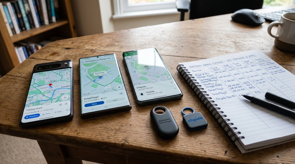 Three Android phones running different GPS tracking apps on a table beside a Samsung SmartTag2, a Chipolo One Point tag, and a notebook of battery-drain timings.