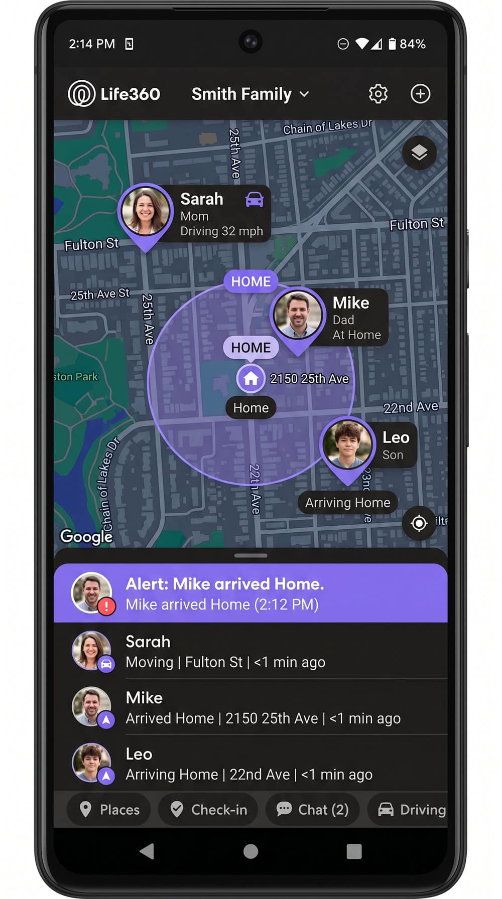 The Life360 app on an Android phone showing a shared family map with three member pins, a "Home" geofence circle, and an arrival alert.