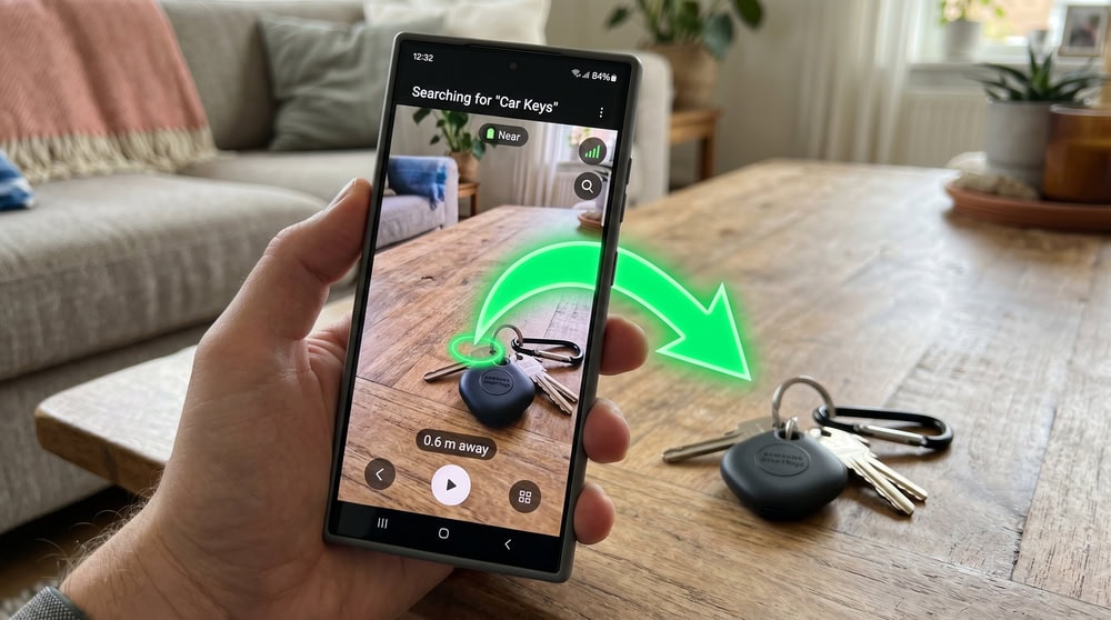 A Samsung Galaxy phone showing the SmartThings Find AR view with a green arrow pointing to a Galaxy SmartTag2 on a keyring.