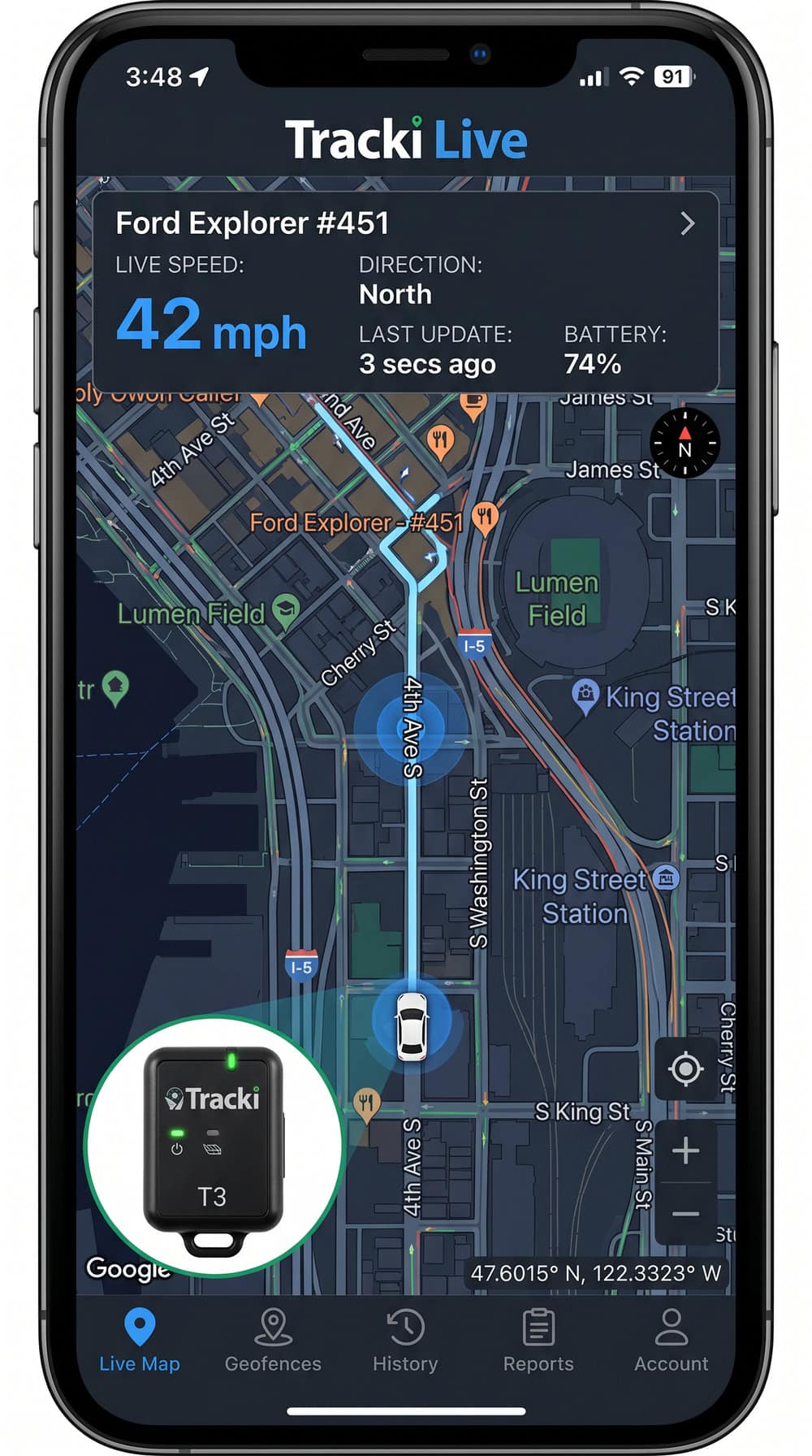The Tracki app on an Android phone showing a live vehicle dot on a city street with a speed readout, plus the magnetic Tracki GPS unit inset.