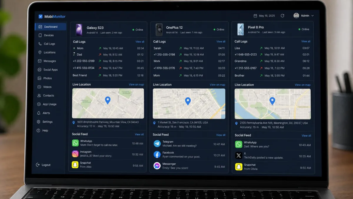 Three Android monitoring app dashboards shown side by side on a laptop screen, each displaying call logs, GPS location on a map, and a social media message feed.