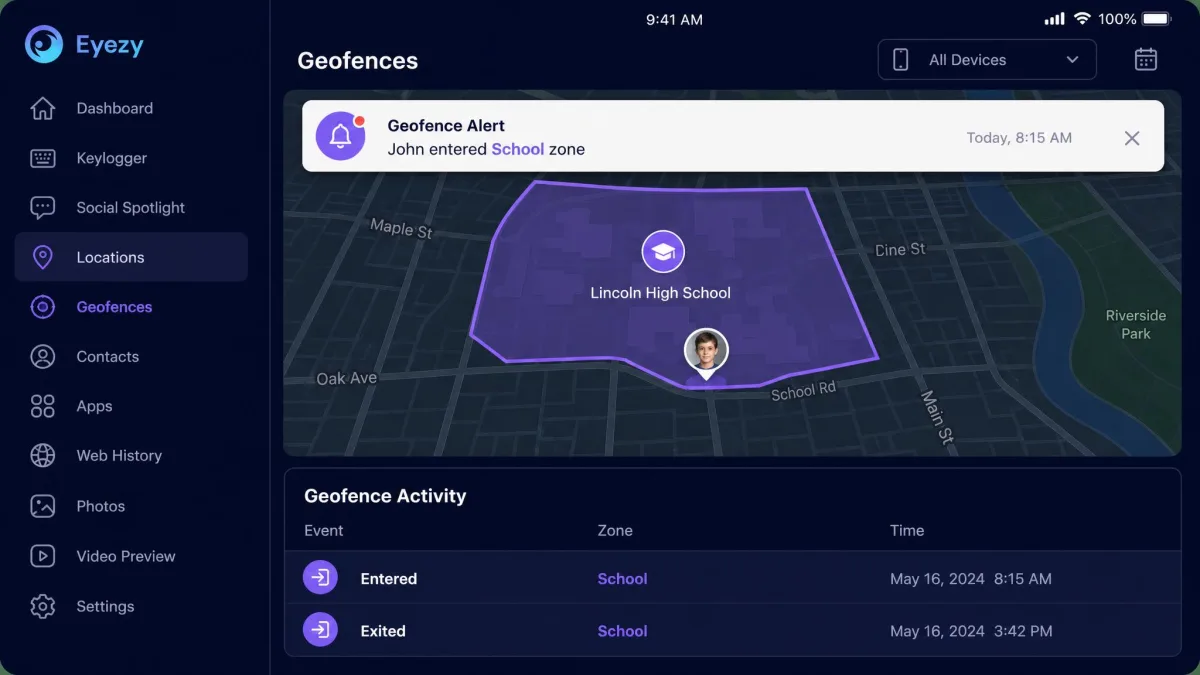 Eyezy mobile dashboard showing a geofence alert notification over a map, with a highlighted zone around a school and a timestamped entry and exit log below.