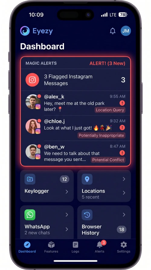 Eyezy dashboard highlighting Magic Alerts with three flagged Instagram messages on a Pixel 7.