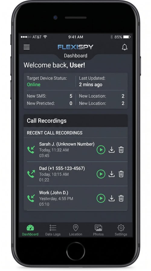 FlexiSPY dashboard showing three completed call recordings from a rooted Pixel 7.