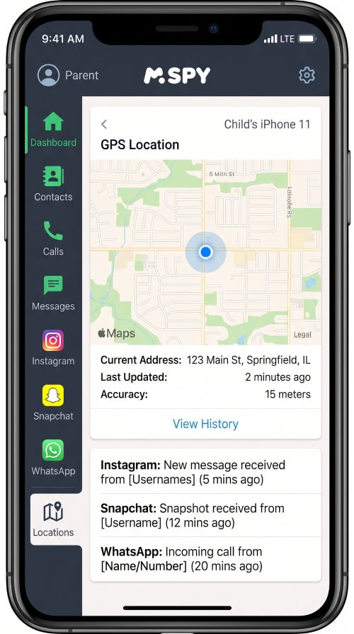 mSpy parent dashboard showing a Pixel 7's GPS location and social-media feed sidebar.