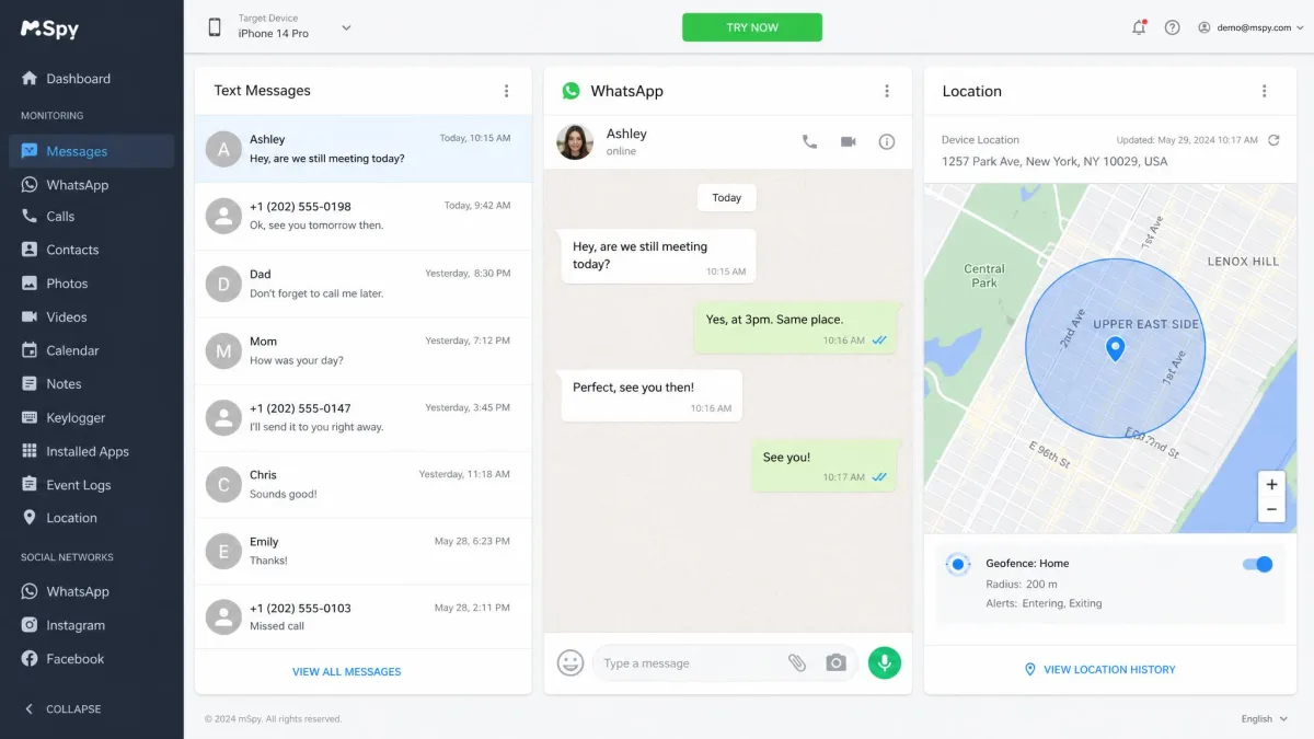 mSpy web control panel showing a list of intercepted text messages and a WhatsApp chat thread on the left, with a GPS location map and geofence circle on the right.