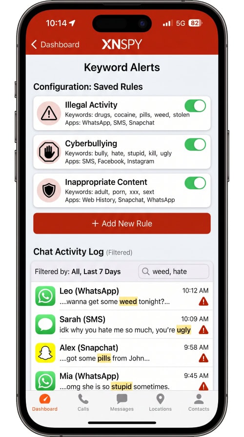 XNSPY keyword-alert configuration with three saved rules and a filtered chat activity log.