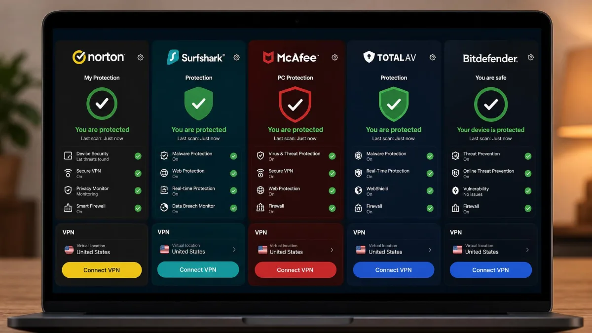 Five antivirus-with-VPN dashboards shown side by side on a laptop screen, each displaying a protection status panel and a VPN connect button, arranged as a visual lineup of Norton, Surfshark, McAfee, TotalAV, and Bitdefender.