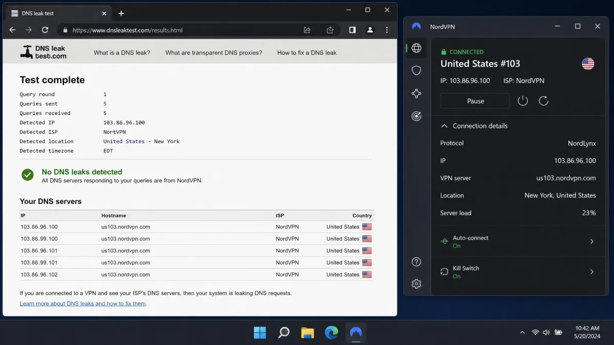 A DNS leak test results page in a browser next to a VPN app, showing the connected server location and a list of DNS servers all matching the VPN provider, confirming no leak.