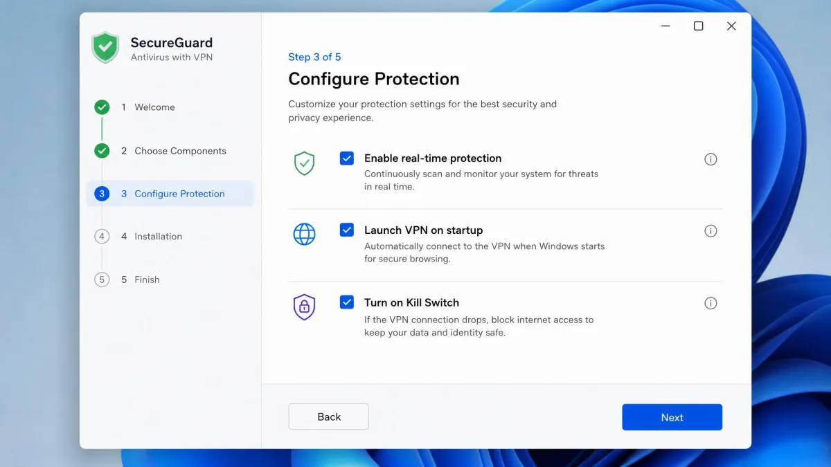 An antivirus-with-VPN setup wizard on Windows showing step three of installation, with checkboxes for enabling real-time protection, launching the VPN on startup, and turning on the kill switch.