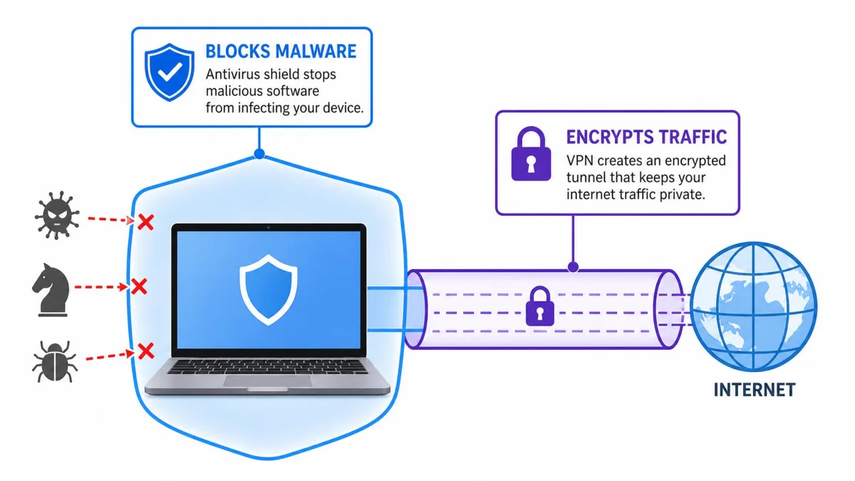 A simple diagram showing a laptop with two protective layers: an antivirus shield around the device labeled "blocks malware" and a VPN tunnel to the internet labeled "encrypts traffic," illustrating the two jobs.