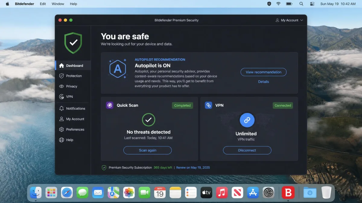 Bitdefender Premium Security running on macOS showing the autopilot recommendation panel, a completed quick scan with zero threats, and the VPN status set to unlimited.