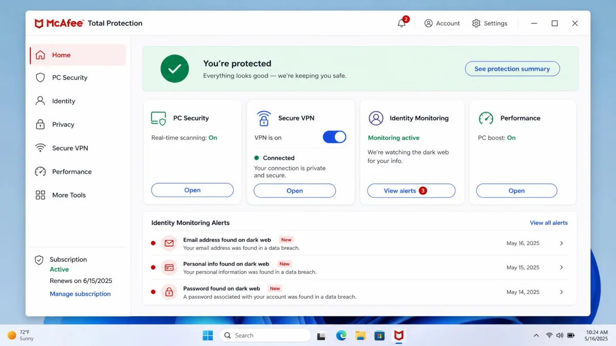 McAfee Total Protection dashboard on Windows showing the Secure VPN toggle switched on, a connected status banner, and identity monitoring alerts listed below.
