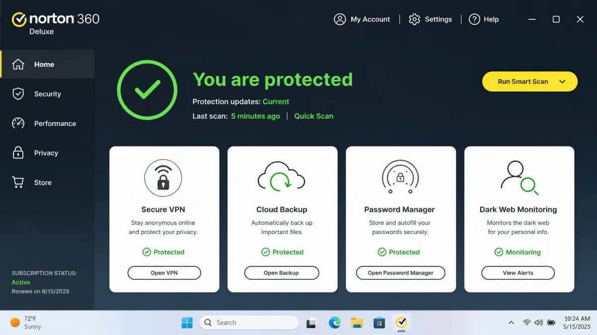 Norton 360 Deluxe main dashboard on Windows showing green "You are protected" status, with tiles for Secure VPN, Cloud Backup, Password Manager, and Dark Web Monitoring.