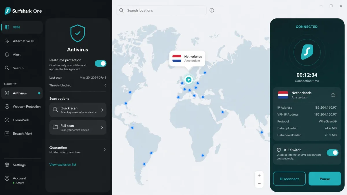 Surfshark One app showing a connected VPN session on a world map with a server in the Netherlands selected, kill switch toggle enabled, and the antivirus panel visible in the sidebar.