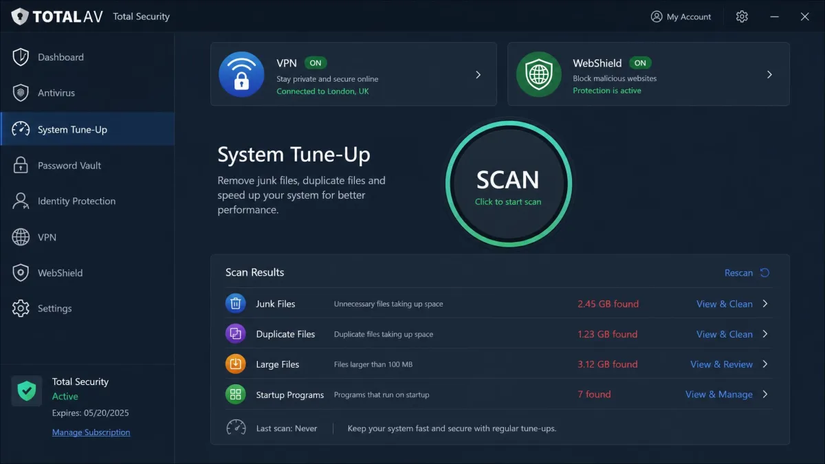 TotalAV Total Security tune-up screen showing a large circular scan button, a list of junk and duplicate files found, and the VPN and WebShield tiles along the top navigation.