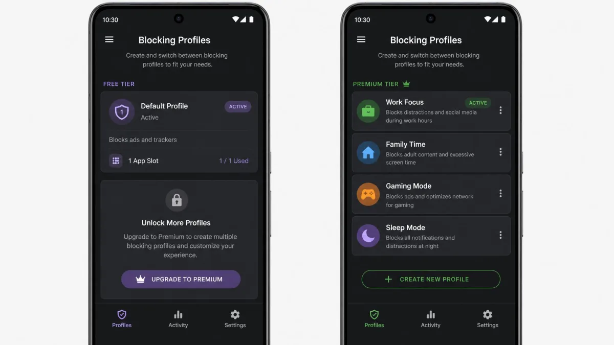 Side by side Android screens comparing a free blocker tier with one app slot against a paid tier showing multiple unlocked blocking profiles.