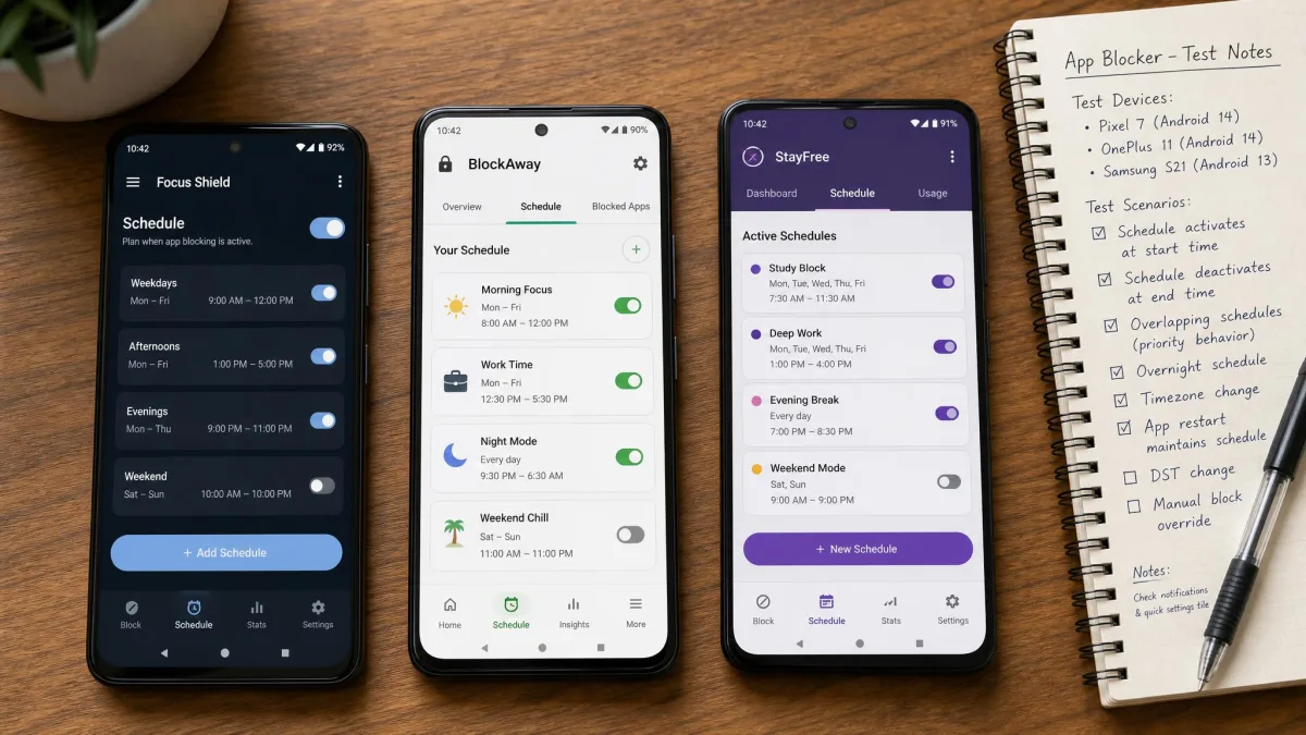 Three Android phones lying on a wooden desk, each showing a different app blocker's schedule screen, with a notebook of test notes beside them.
