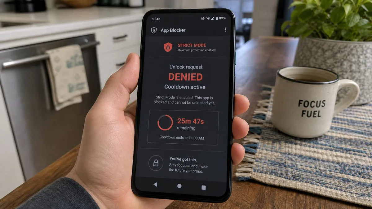 An Android phone showing an app blocker's strict mode cooldown screen refusing an unlock request, held in one hand over a kitchen table.