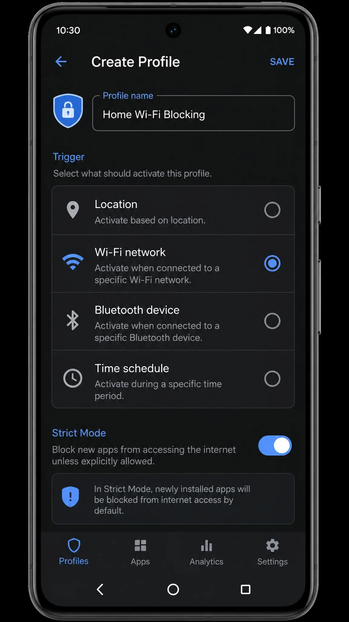 AppBlock's profile creation screen on an Android phone showing a Wi-Fi network trigger selected and the Strict Mode toggle switched on.
