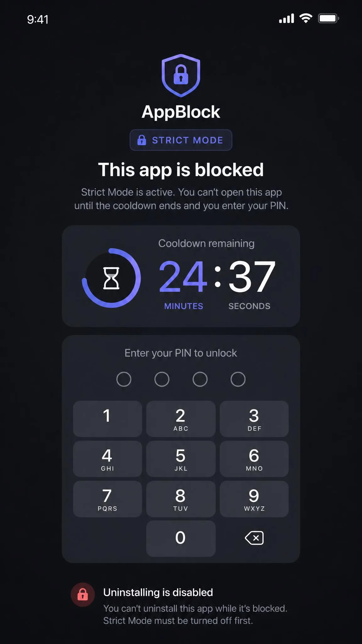 AppBlock's Strict Mode lock screen requiring a cooldown countdown and PIN entry before a blocked app can open, with a note that uninstalling the app is disabled during the block.