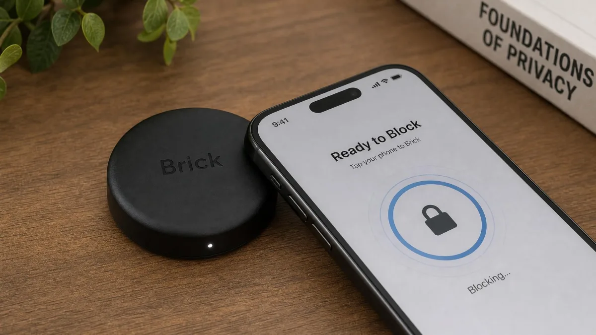 Brick, a small black NFC puck, sitting beside an iPhone that is tapping against it to start a block, illustrating the physical-friction blocking method.