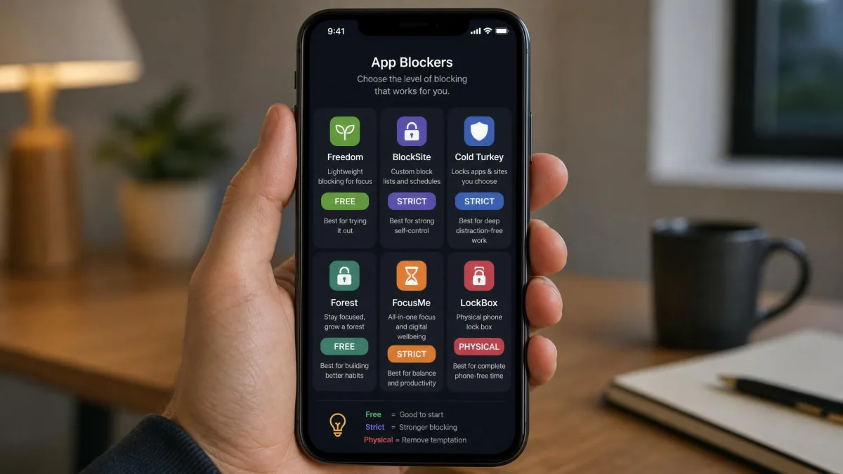 Hand holding an iPhone with a grid of app blocker apps on screen, illustrating the decision between free, strict, and physical blocking options.