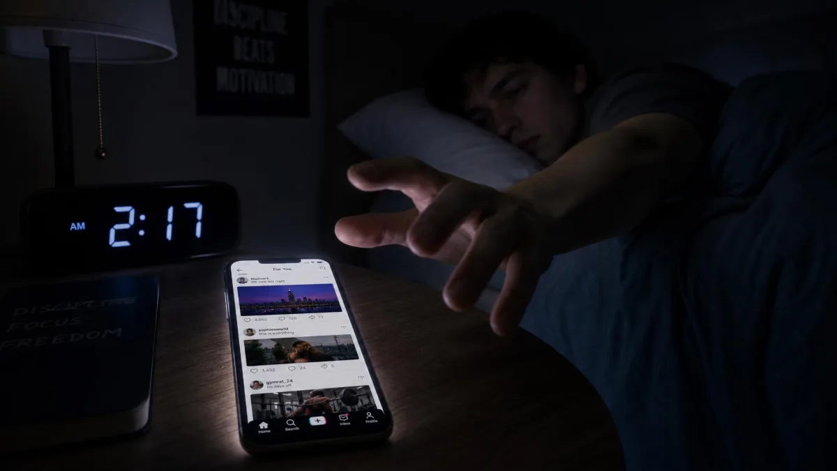 Person reaching for a glowing iPhone on a nightstand late at night, the screen showing a social media feed, illustrating the doomscrolling habit app blockers target.