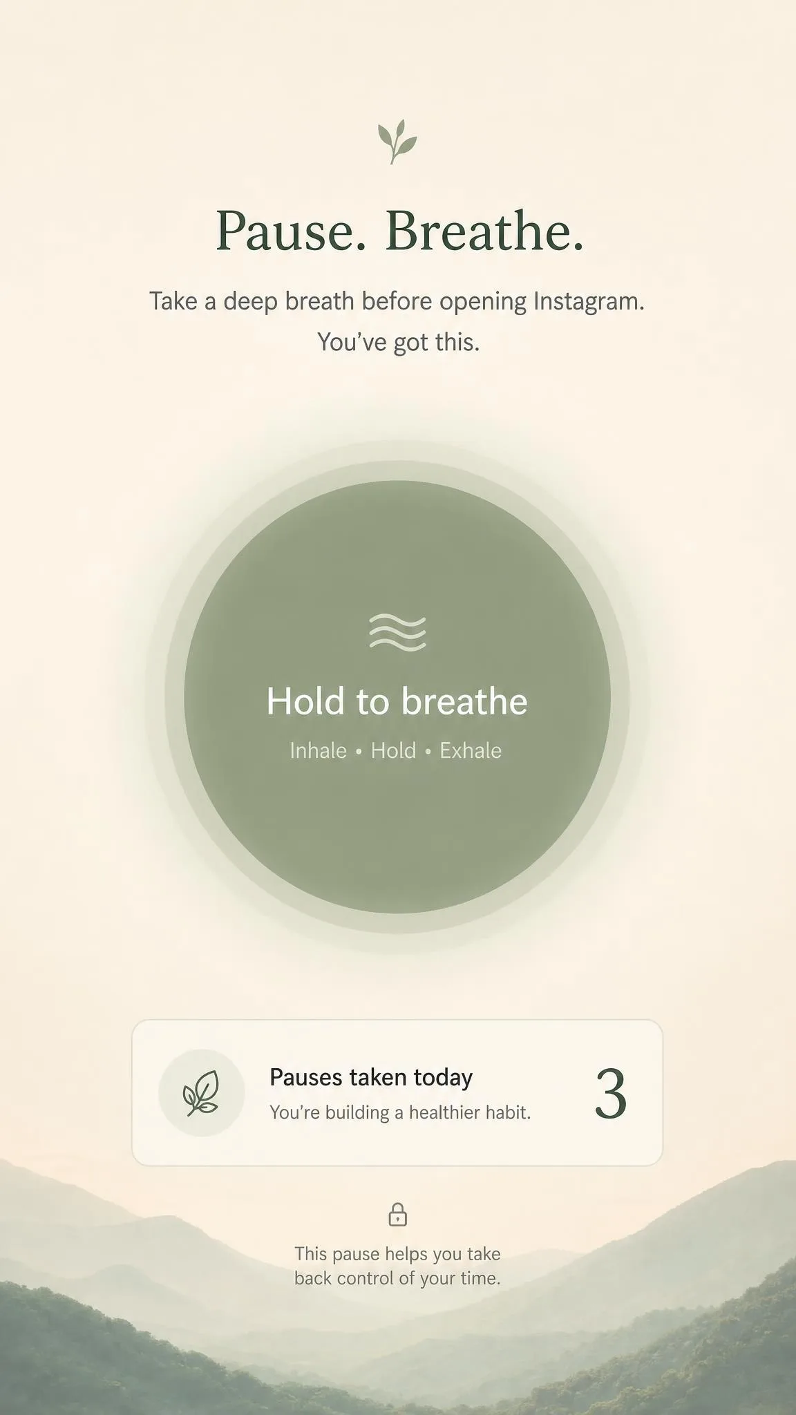 one sec app's intervention screen prompting the user to take a deep breath before Instagram opens, with a circle to hold and a counter of pauses taken today.