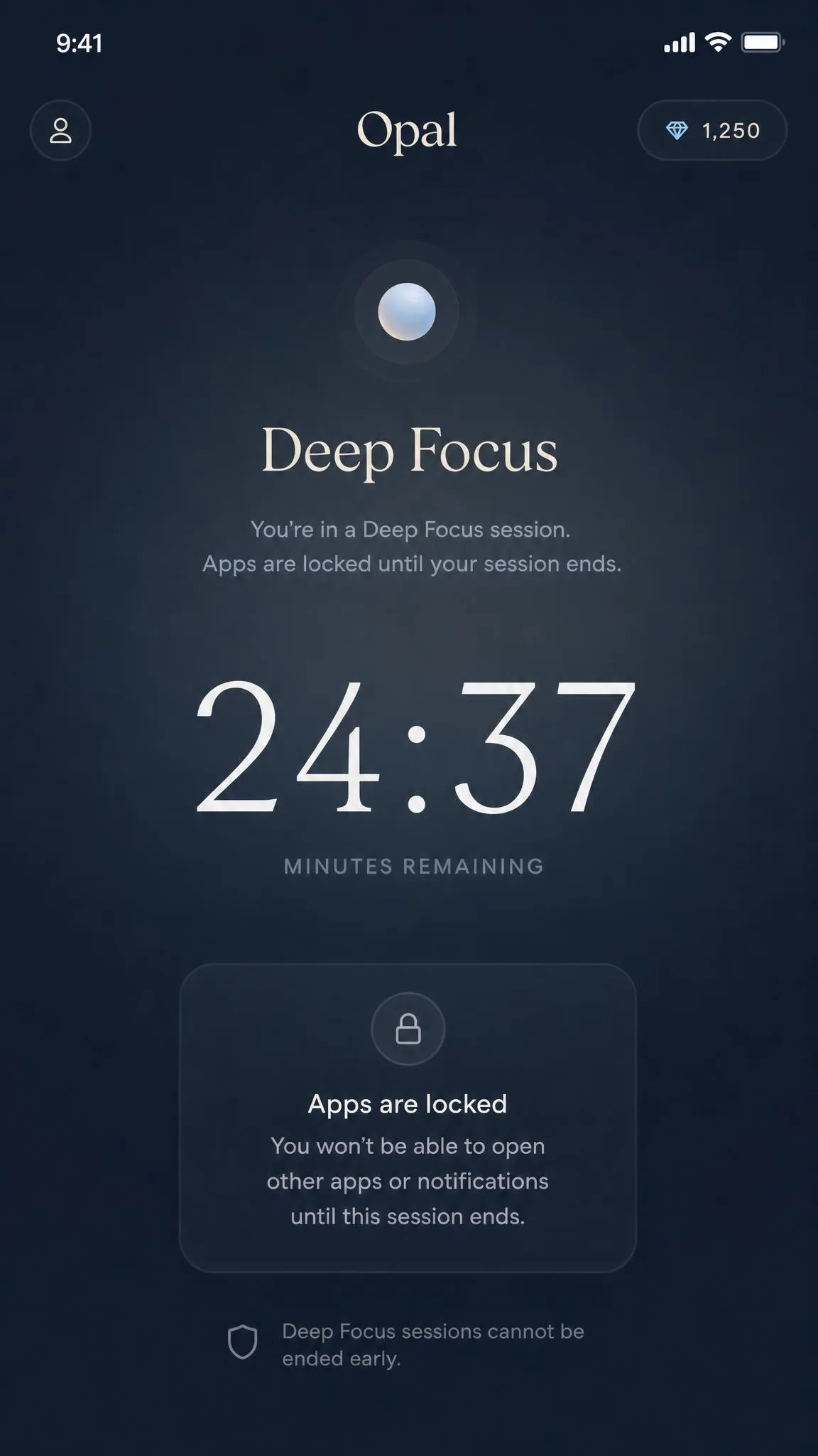 Opal app's Deep Focus session screen showing a countdown timer and the apps locked during the session, with a small message that the session cannot be ended early.