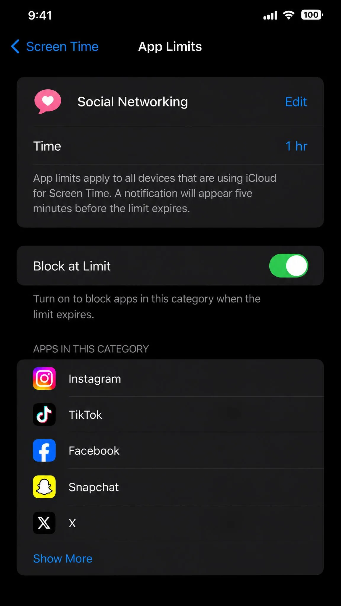 iPhone Screen Time settings screen showing App Limits for the Social networking category with a 1 hour limit and a Block at Limit toggle, the built-in soft limiter app blockers compete against.