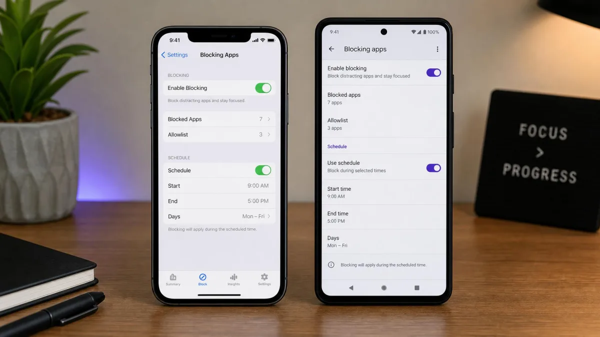 A test setup with an iPhone and an Android phone side by side on a desk, both showing blocking-app settings screens.