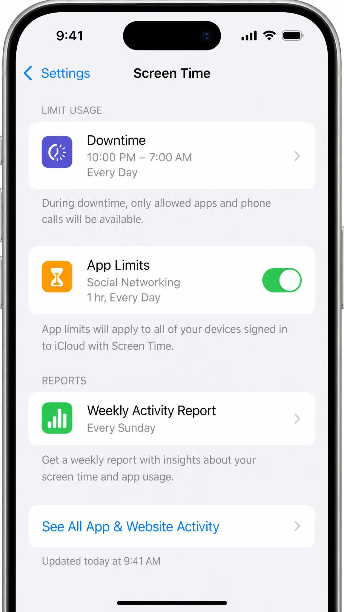 Apple Screen Time settings on an iPhone showing a downtime schedule, an app limit toggle, and the weekly activity report entry.