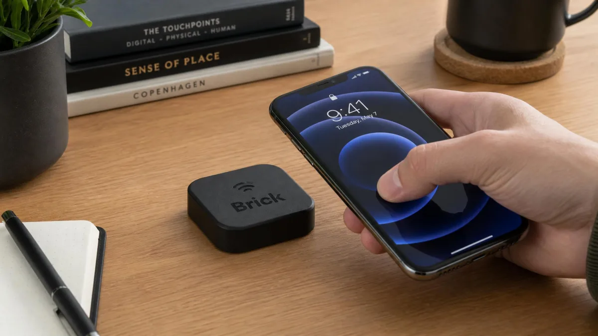 The Brick NFC puck sitting on a desk beside an iPhone, with a hand about to tap the phone against it.