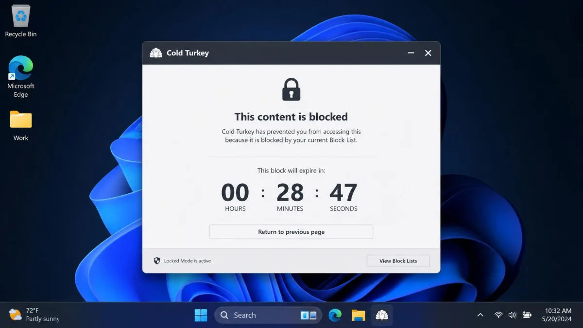 Cold Turkey's locked blocking dialog on a Windows desktop, showing a countdown until the block ends.