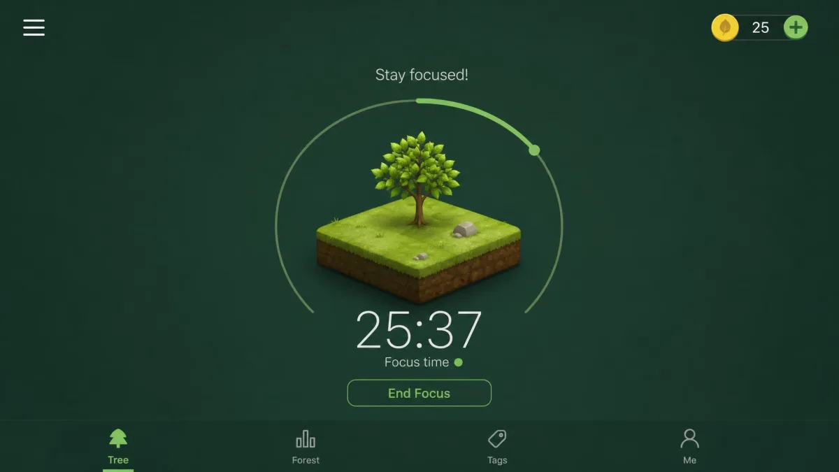 Forest's focus timer showing a small virtual tree growing on a phone screen with a timer counting up.
