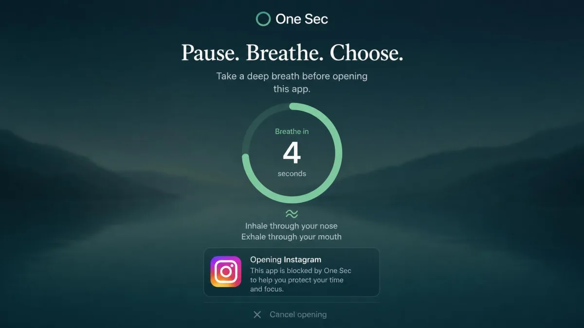 One Sec's deep-breath intervention screen asking the user to breathe before opening a blocked app, with a countdown ring.
