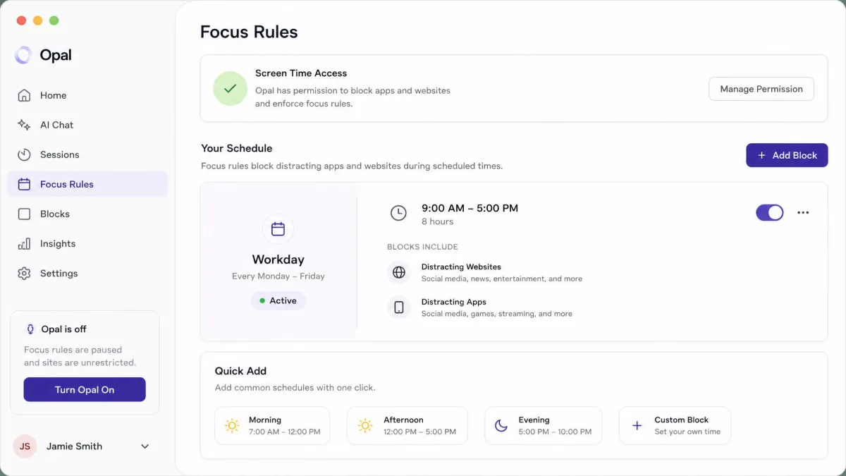 Opal's Focus Rules setup screen showing a scheduled block for the workday, with the Screen Time permission status at the top.