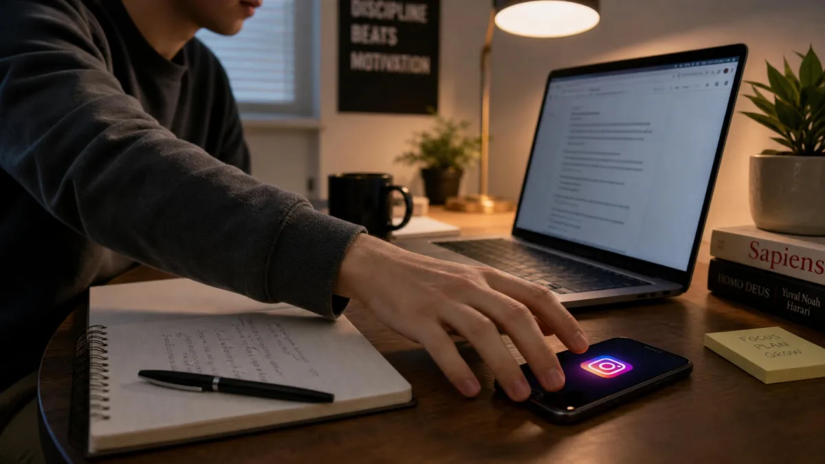 A person at a desk reaching for a smartphone next to an open laptop, the phone screen showing a glowing social media app icon.