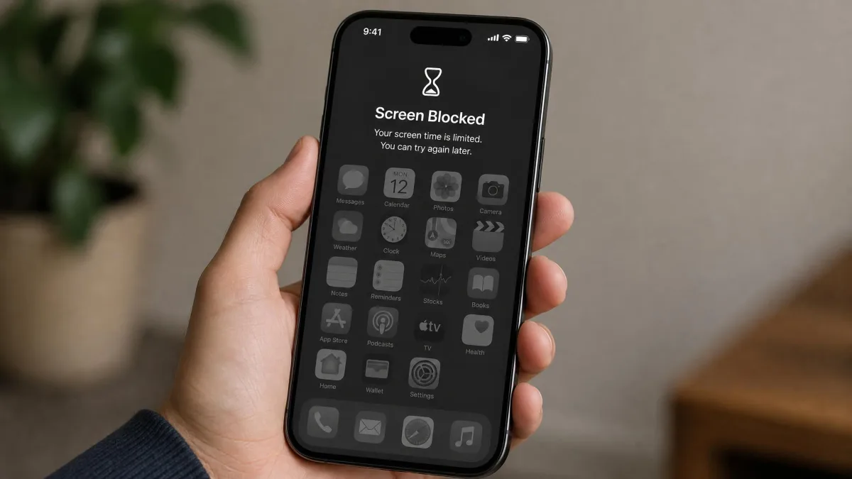 A smartphone showing a blocked screen with app icons grayed out, held in a hand.