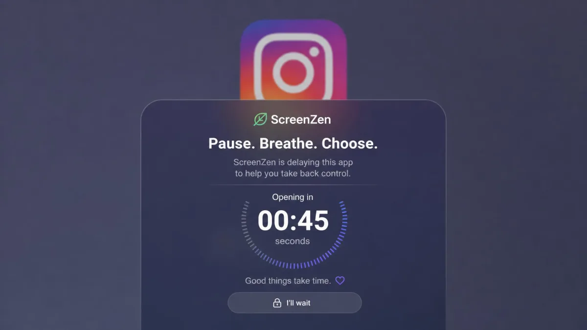 ScreenZen's pause-and-delay screen in front of a social app icon, showing a growing wait time before the app can open.