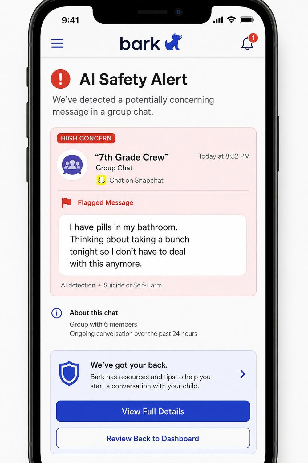 The Bark app showing an AI safety alert flagging a concerning message in a child's group chat.