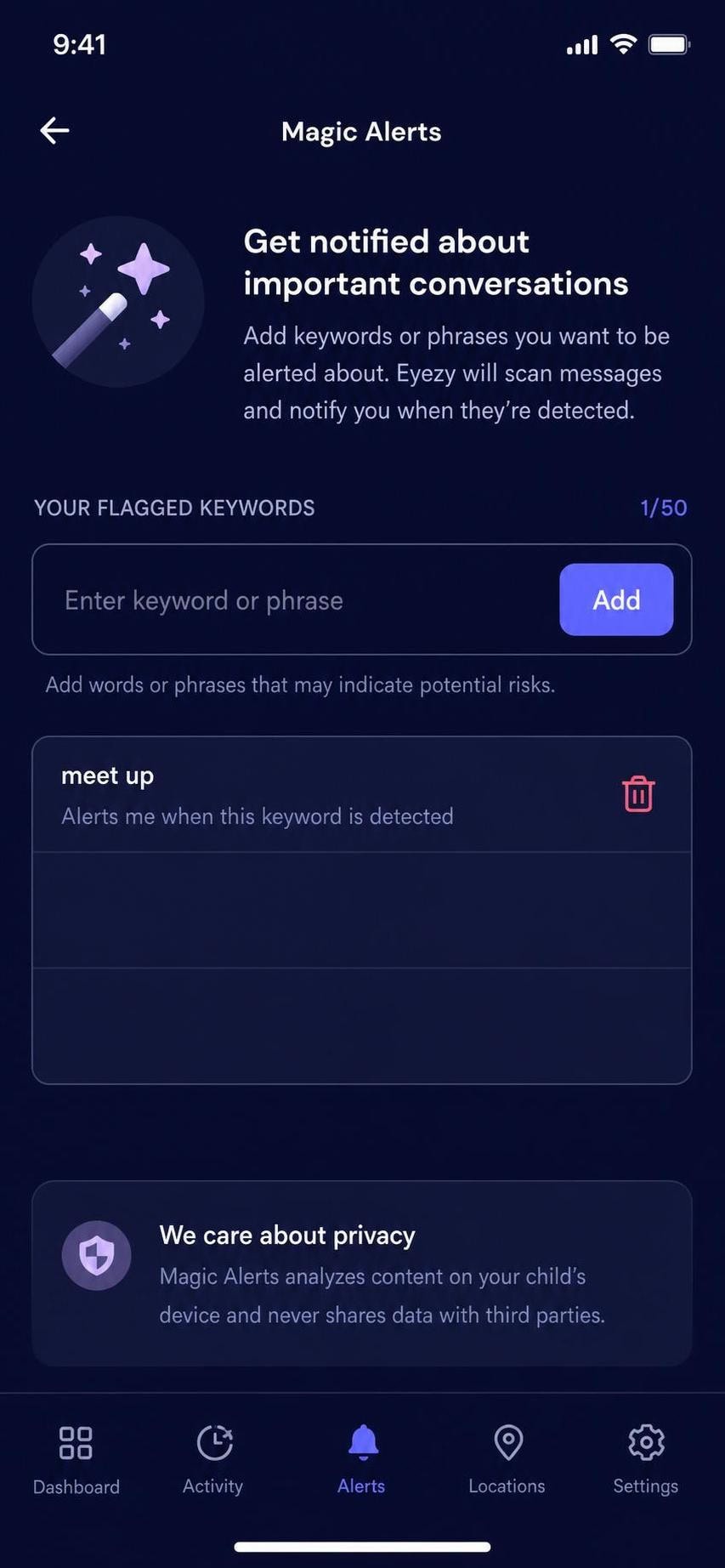 The Eyezy Magic Alerts screen where a parent enters flagged keywords like "meet up" to trigger notifications.