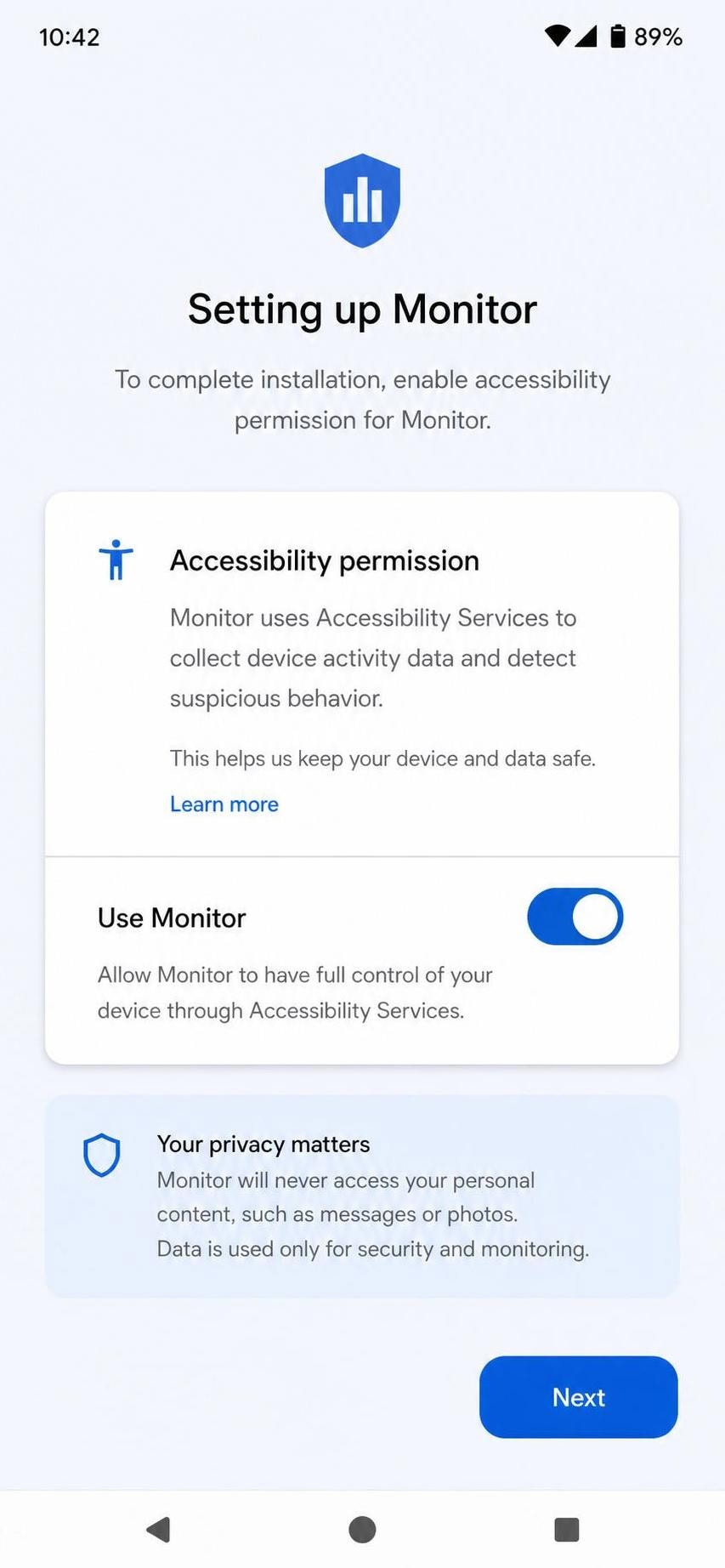 An Android setup screen during a monitoring app install with the accessibility-permission toggle being enabled.