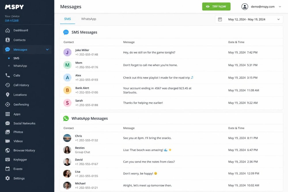 The mSpy parent dashboard showing captured SMS and WhatsApp messages with timestamps and contact names.